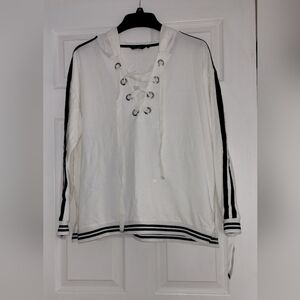 Hannah Brand White Lace-Up Hoodie with Black Stripes